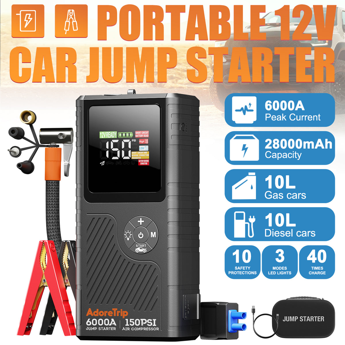 JFEGWO CS02 6250A Plus Avviatore di emergenza per batteria auto con compressore d'aria (formato tascabile)