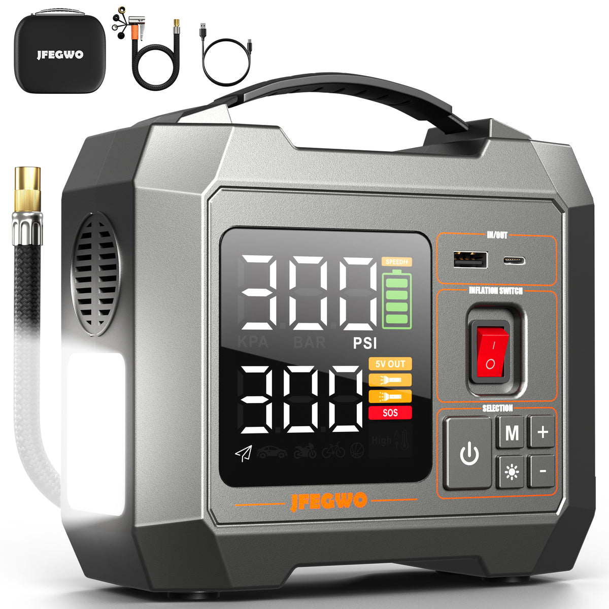 Compressore d'aria portatile per gonfiaggio pneumatici JFEGWO 300PSI Argento