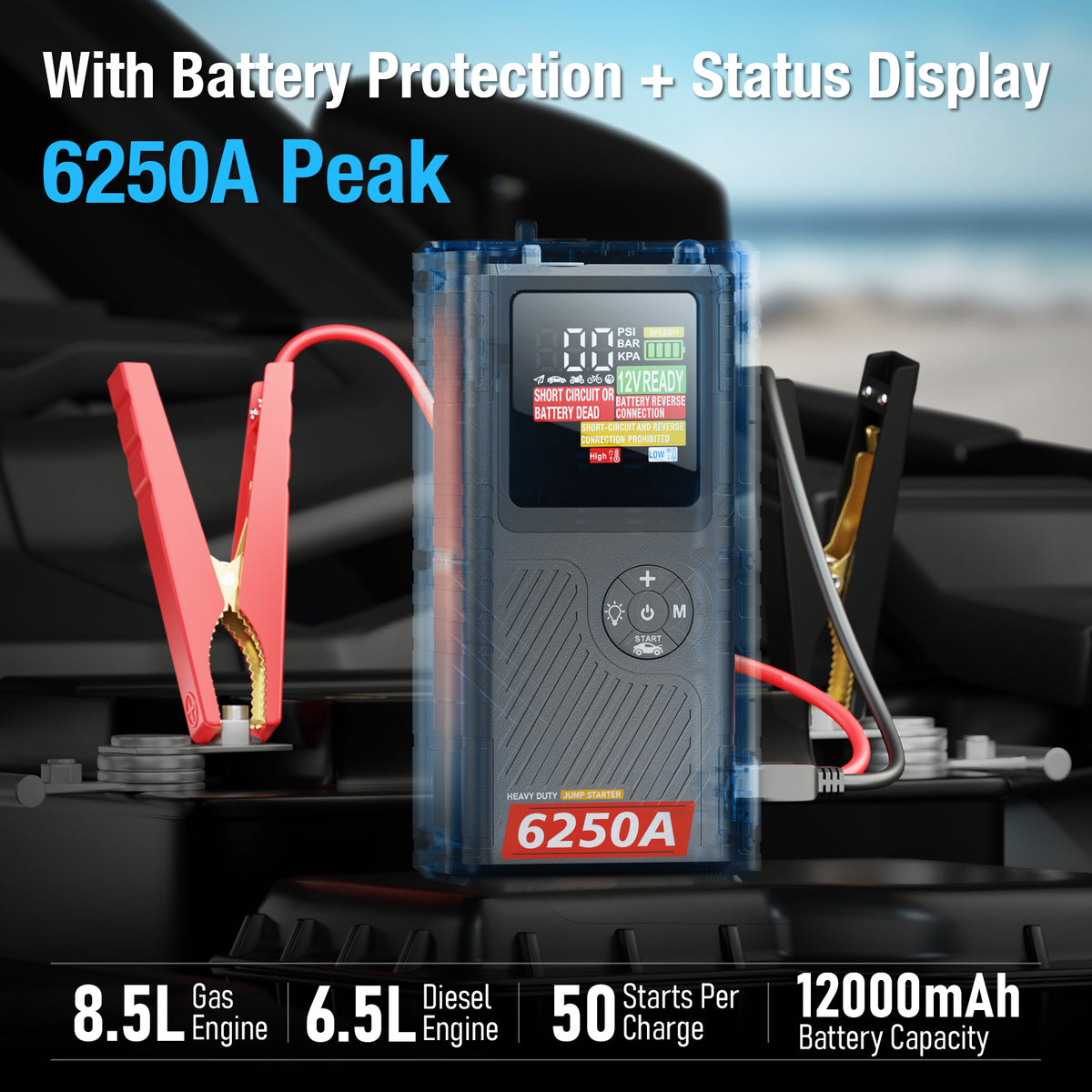 JFEGWO CS02 Plus 6250A Avviatore di emergenza per batteria auto con compressore d'aria (formato tascabile)