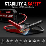 JFEGWO F40-10200A safety infographic with red and black battery clamps and ten protection icons