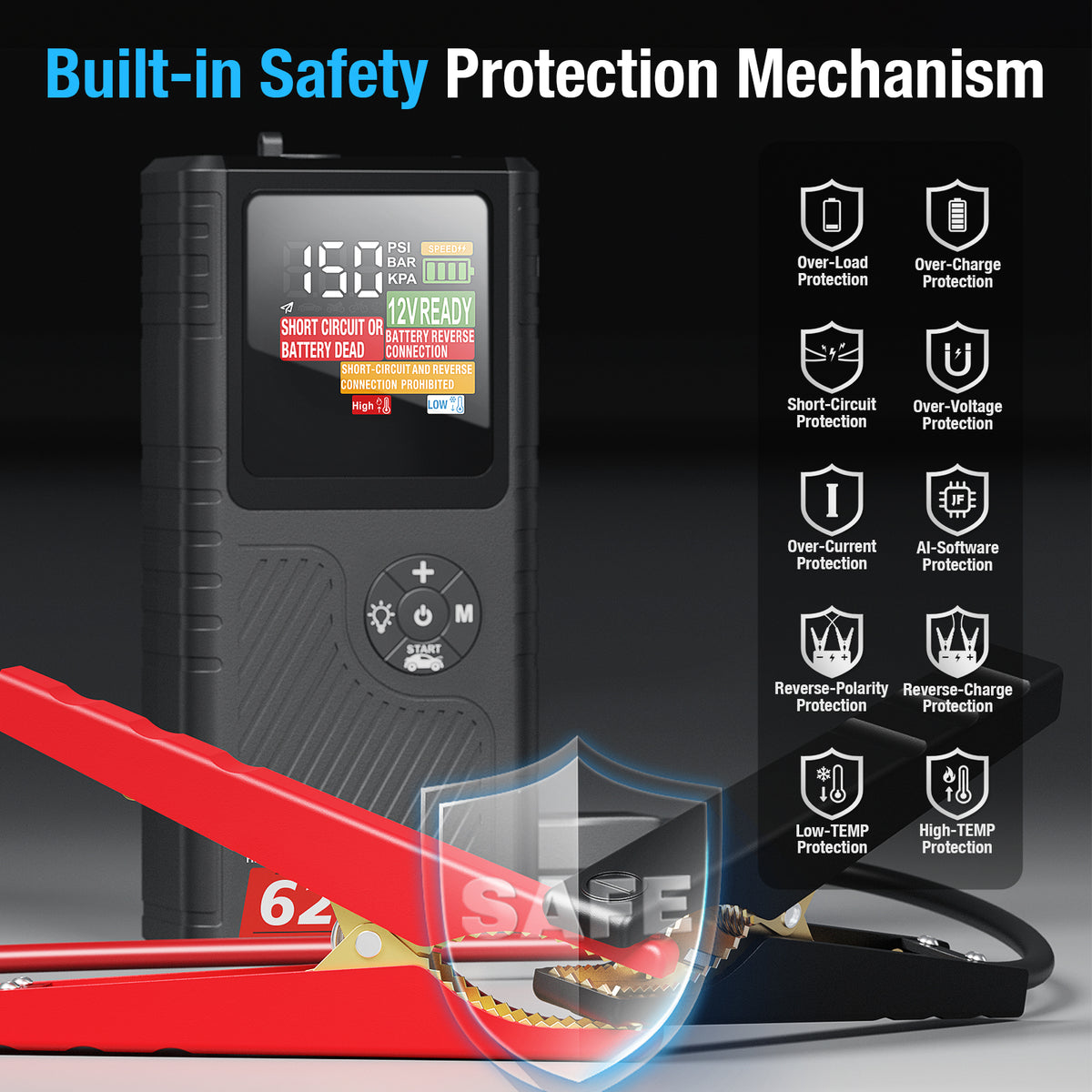 JFEGWO CS02 Plus 6250A Avviatore di emergenza per batteria auto con compressore d'aria (formato tascabile)