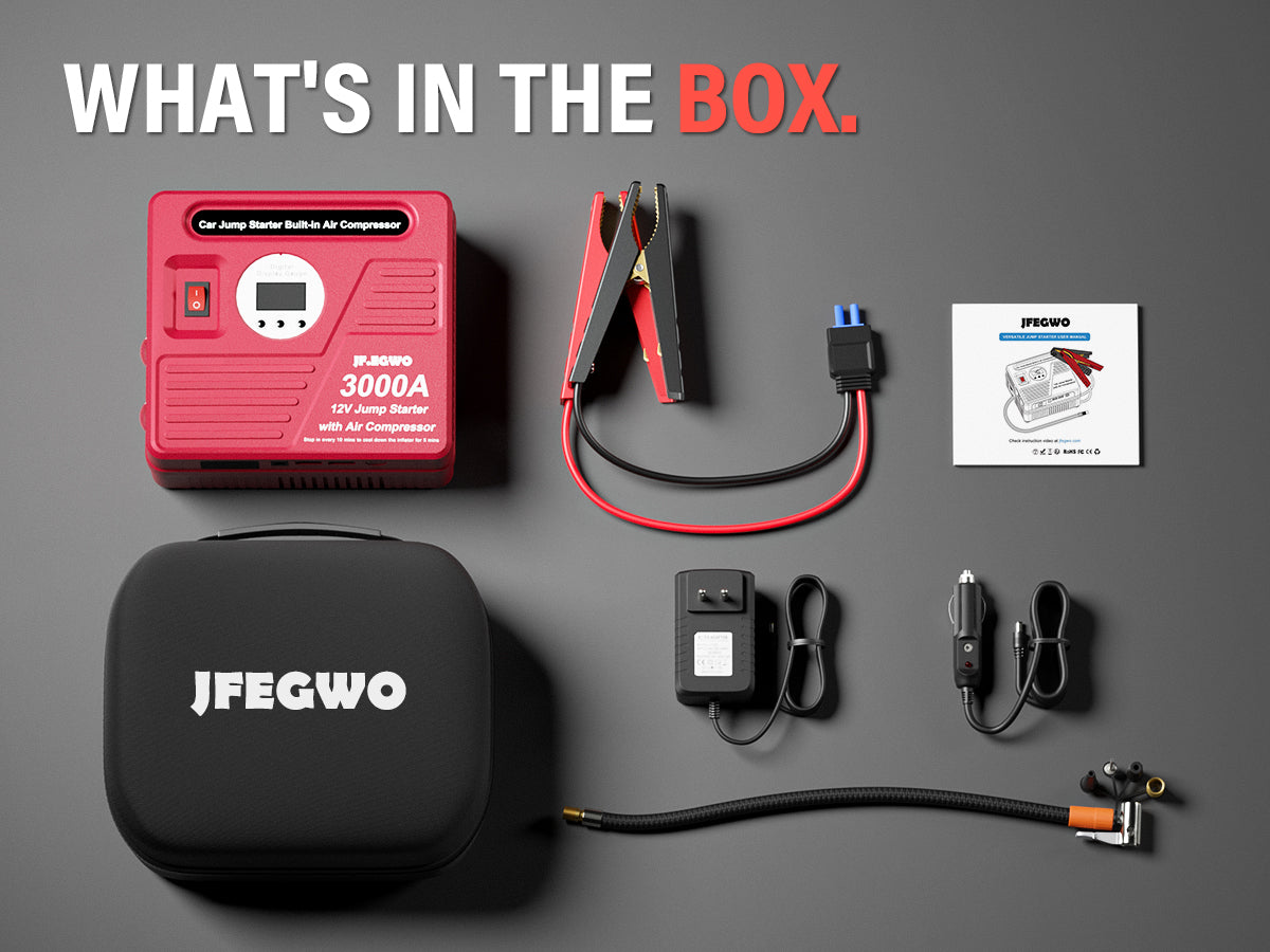 JFEGWO 3000A Jump Starter with Air Compressor Red