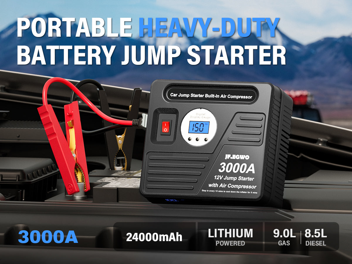 JFEGWO 3000A Jump Starter with Air Compressor Black