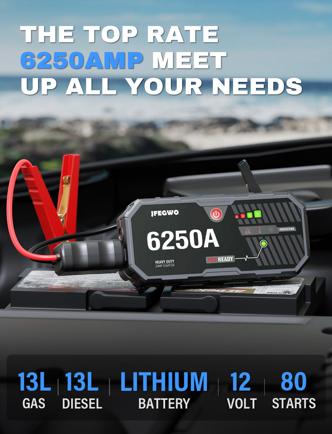 JFEGWO 6250A Jump Starter per auto con potenziatore di batterie