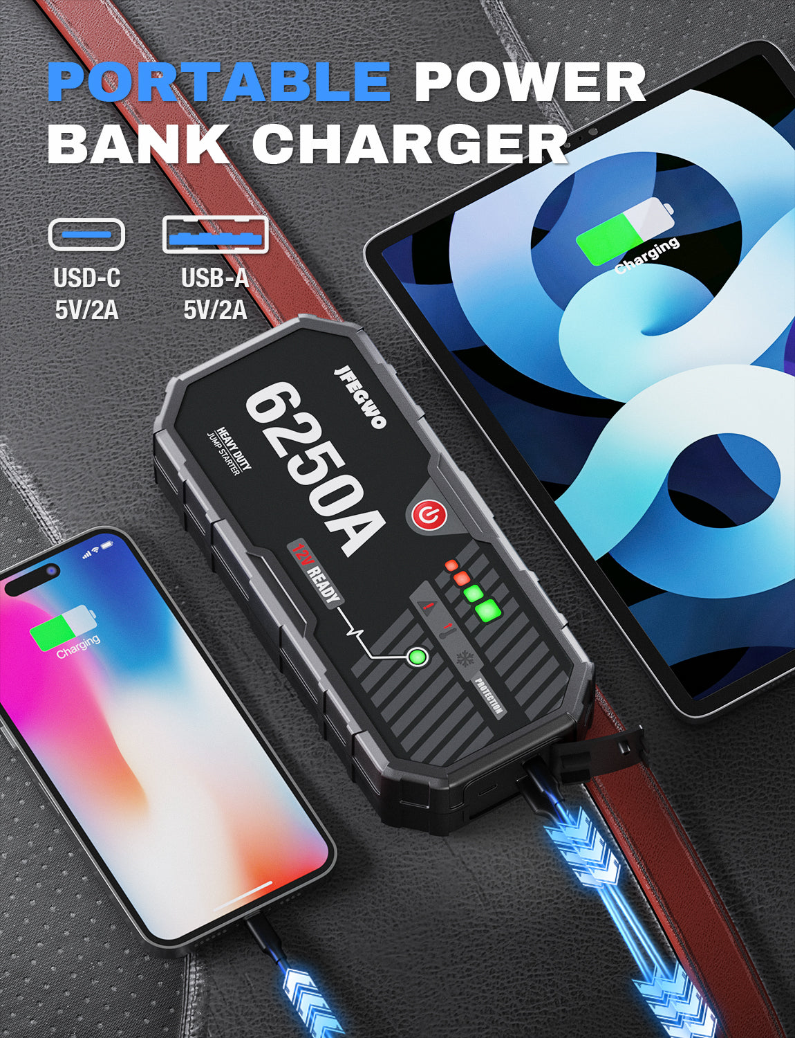 JFEGWO 6250A Jump Starter per auto con potenziatore di batterie