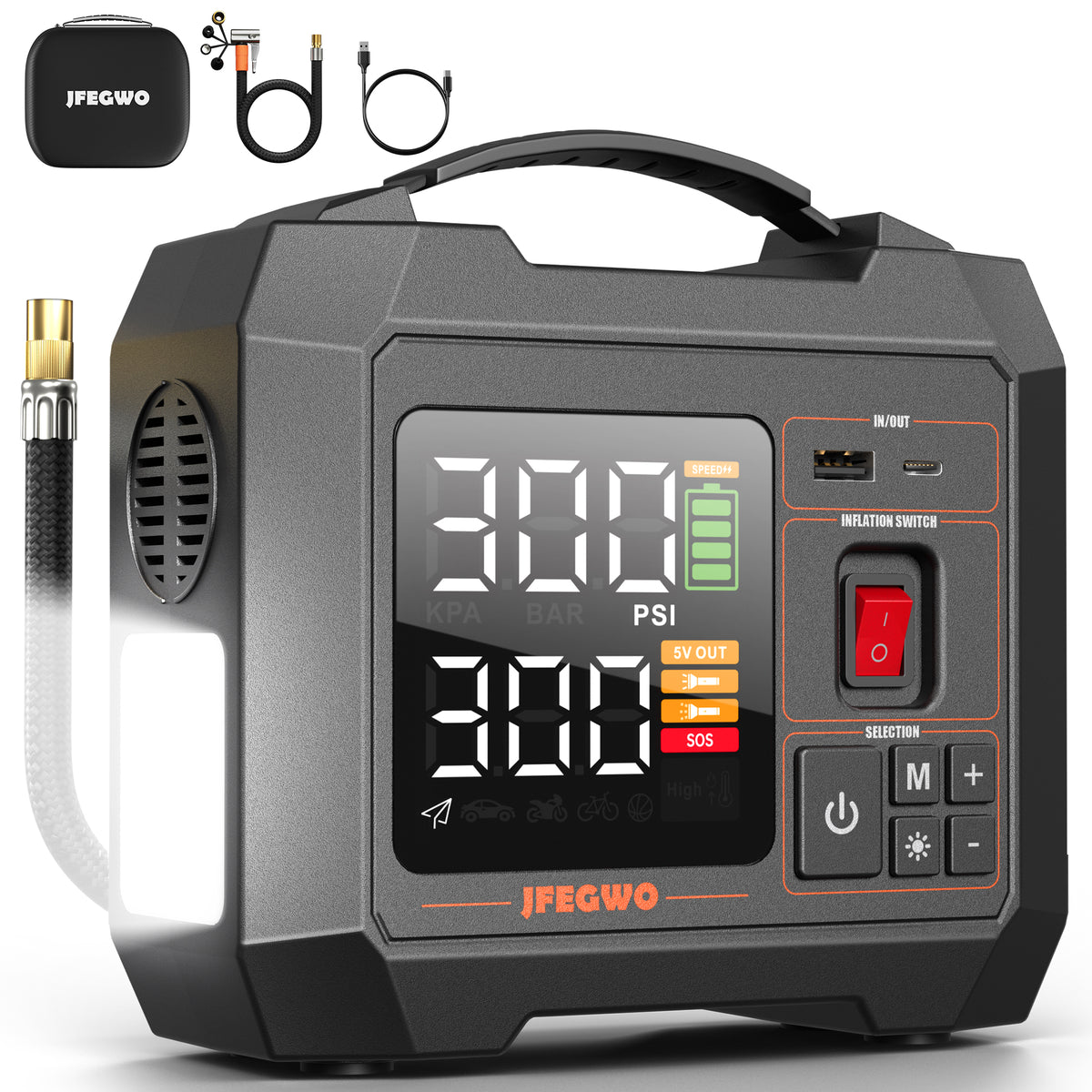 JFEGWO Tire Inflator Portable Airþjöppur 300PSI svart