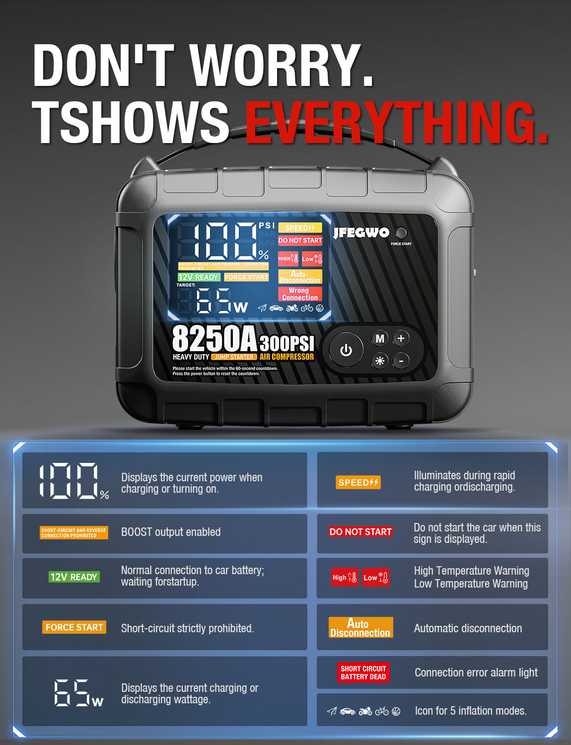 JFEGWO 8250A Super Jump Starter met luchtcompressor