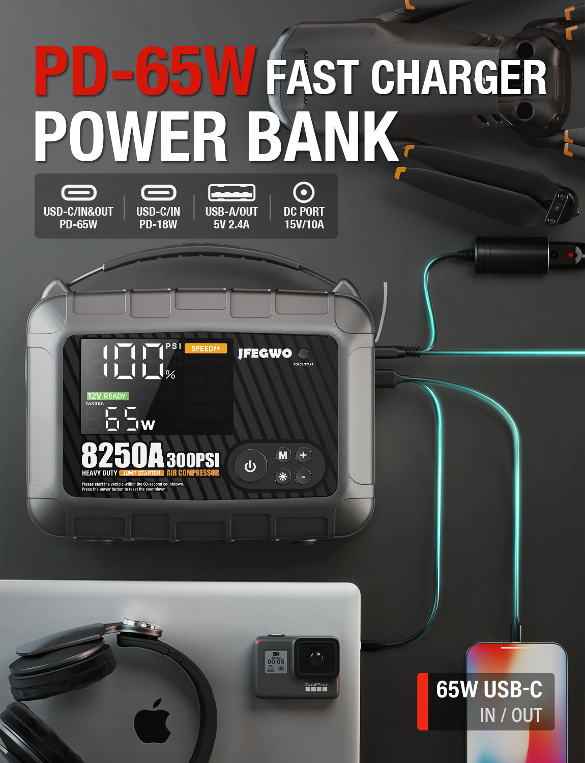JFEGWO 8250A Super Jump Starter met luchtcompressor