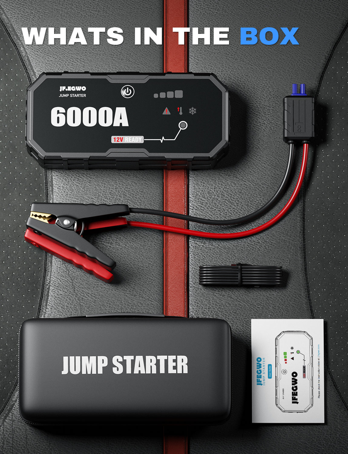 JFEGWO Car 4000A 6000A Portable Jump Starter With Power Bank Fast Charge  PD65W 12V Auto Battery Charger Booster Starting Device