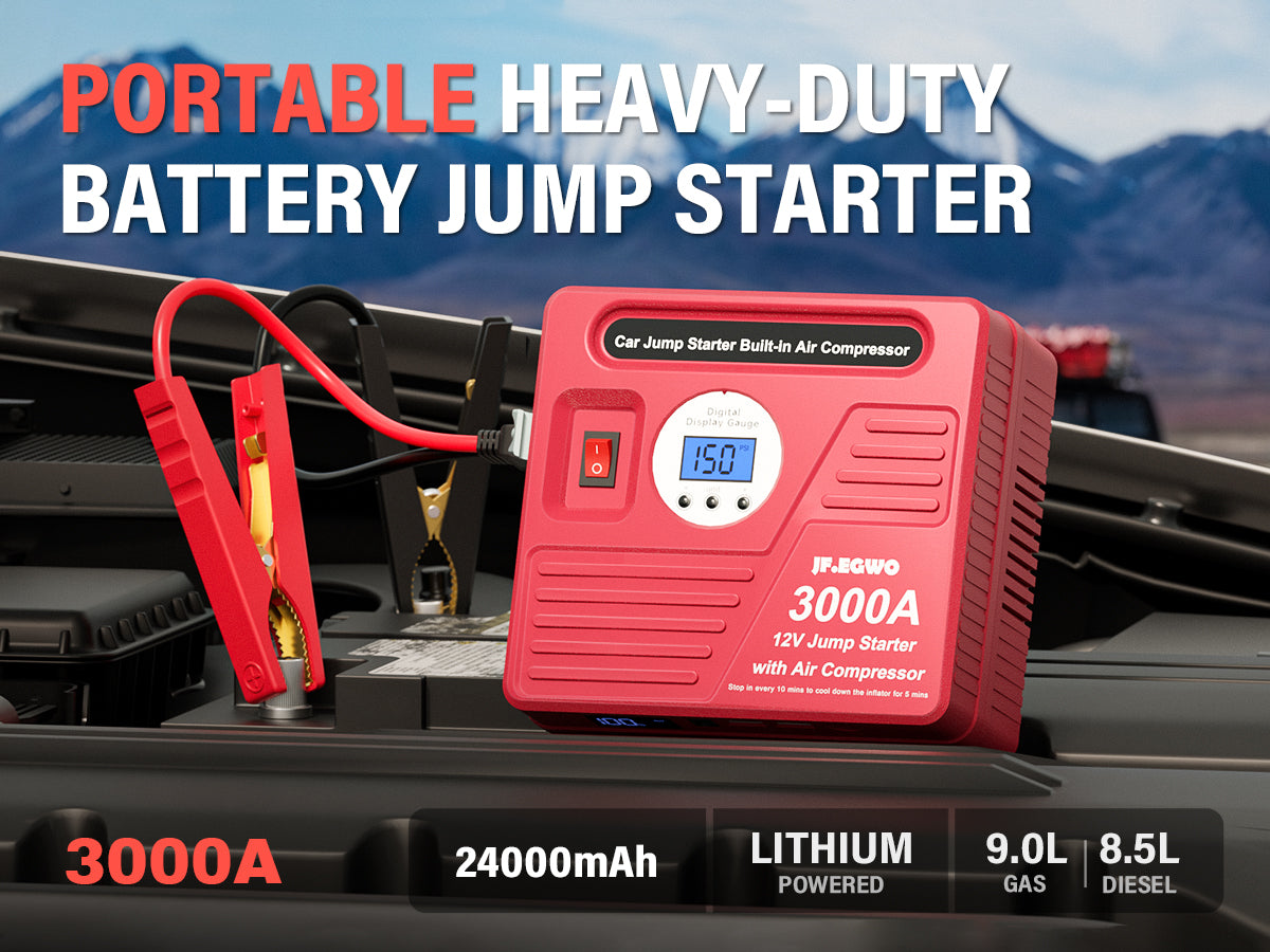 JFEGWO 3000A Jump Starter with Air Compressor Red