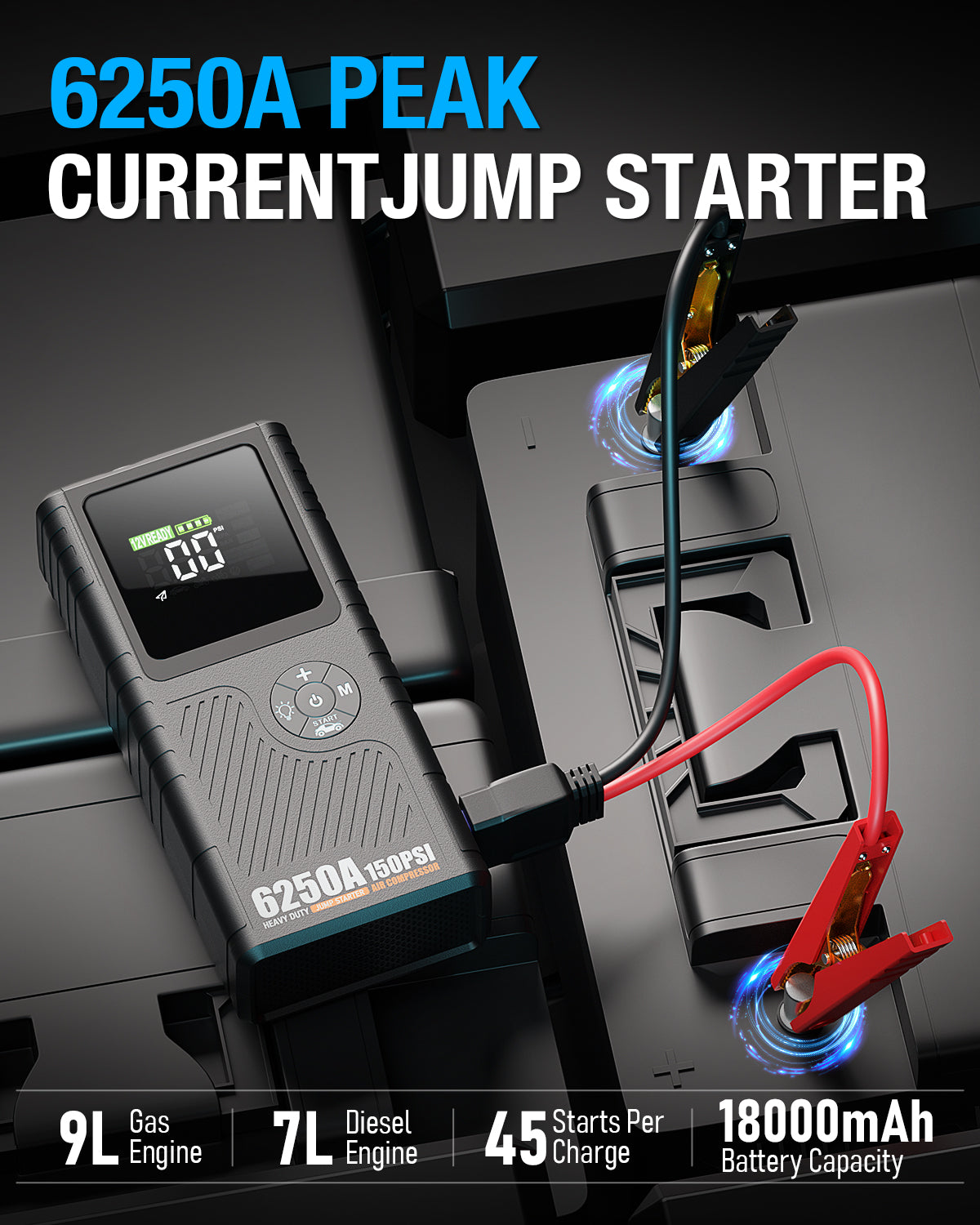 JFEGWO CS02 Plus 6250ACar Battery Jump Starter with Air Compressor (Pocket Size)
