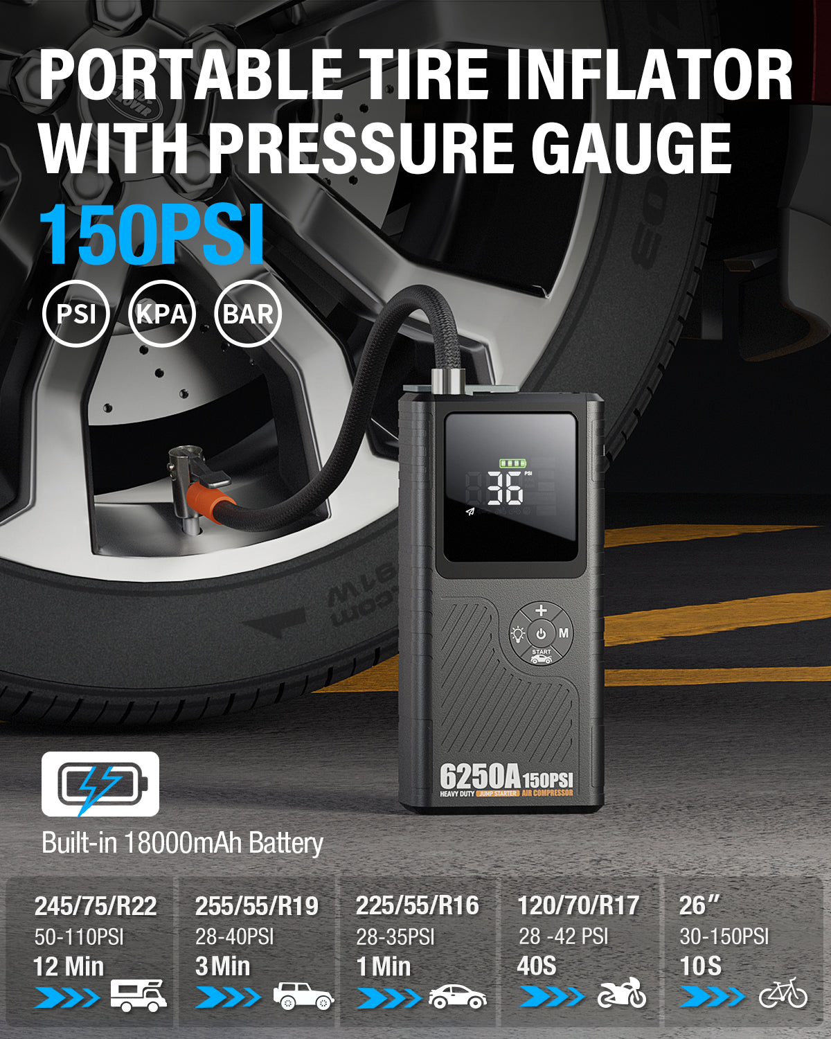 JFEGWO CS02 Plus 6250ACar Battery Jump Starter with Air Compressor (Pocket Size)