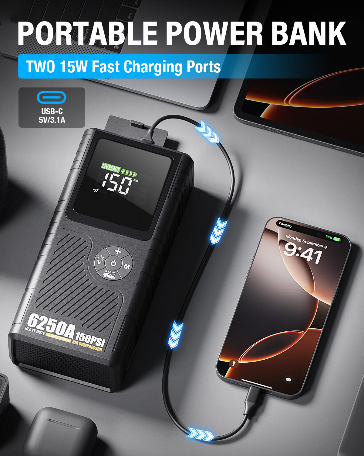JFEGWO CS02 Plus 6250ACar Battery Jump Starter with Air Compressor (Pocket Size)