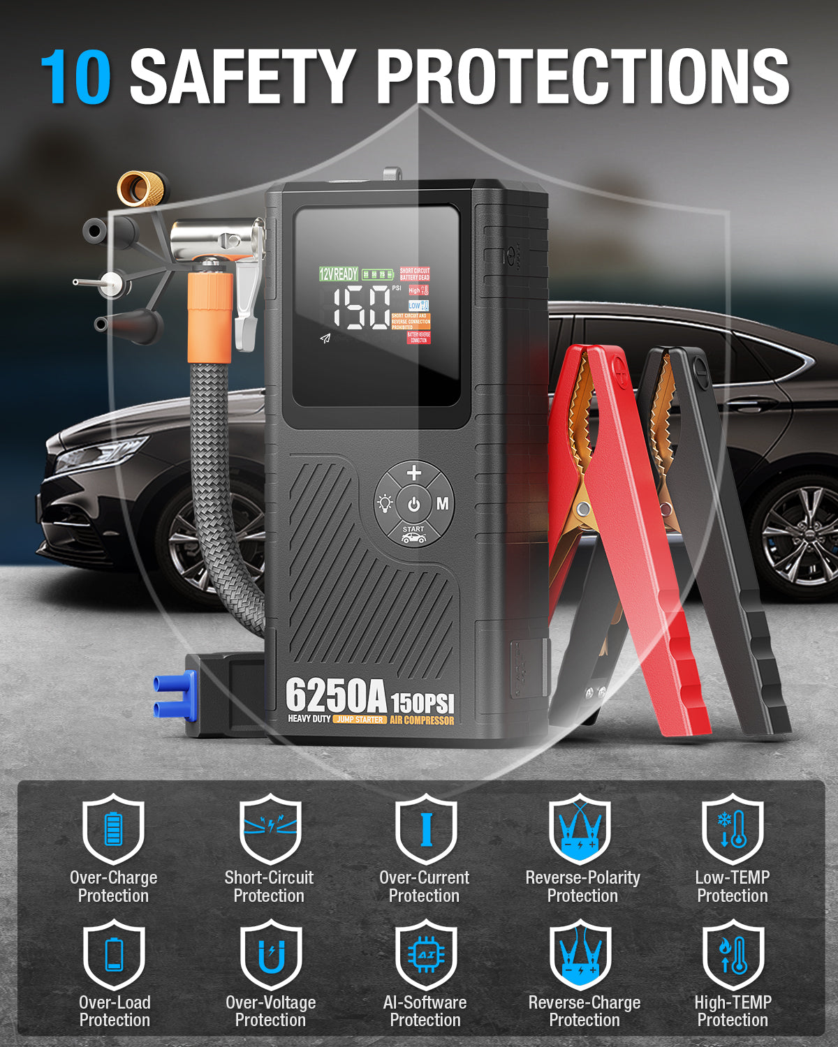 JFEGWO CS02 Plus 6250ACar Battery Jump Starter with Air Compressor (Pocket Size)