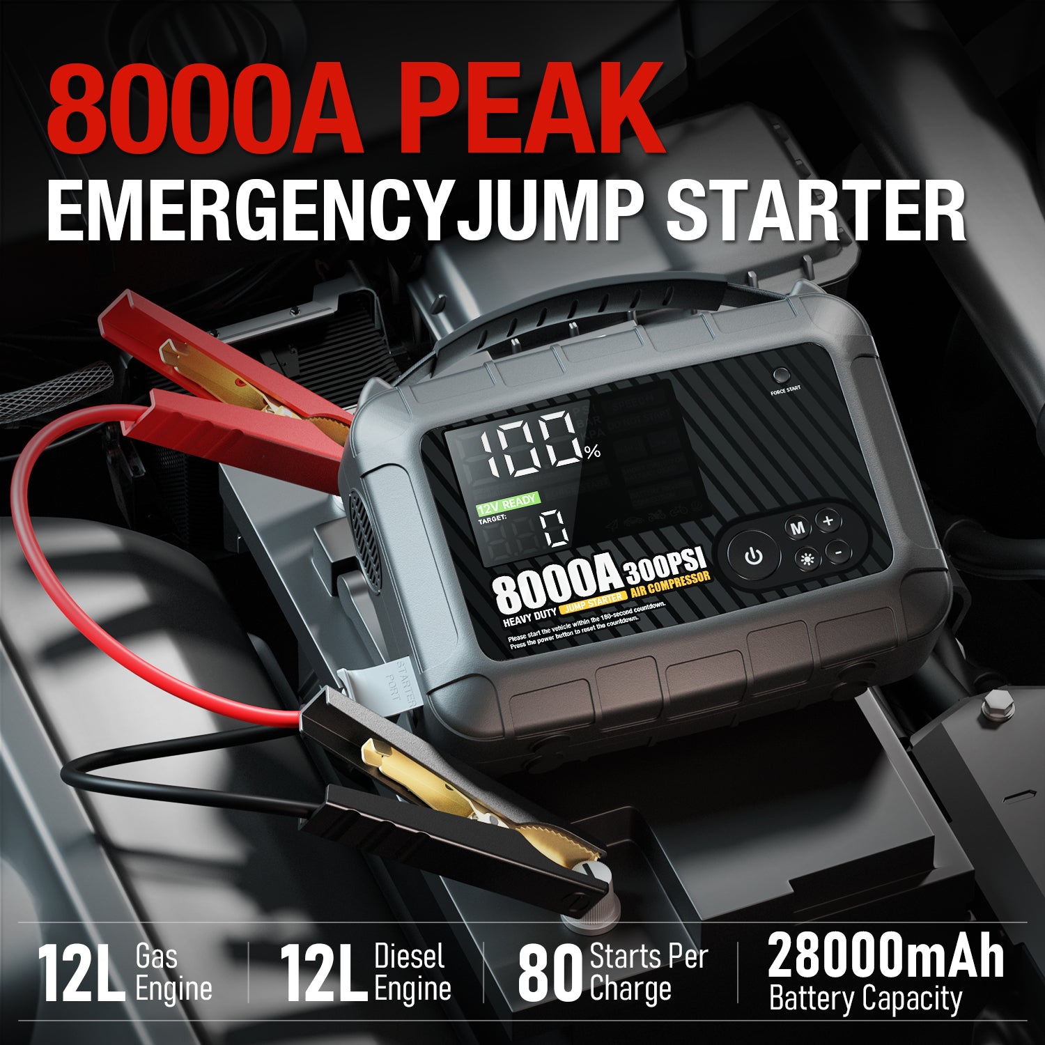 8000A Smart Jump Starter with Air Compressor Battery Power Bank Truck Heavy Duty 8000A Smart Jump Starter with Air Compressor Battery Power Bank Truck Heavy Duty
